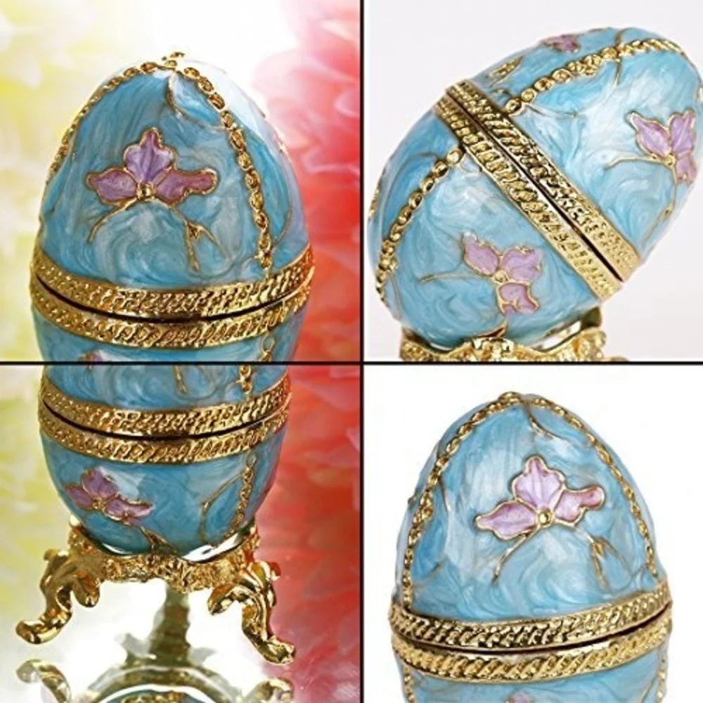 Vintage Faberge Style Enameled Trinket Box Blue Pink Floral Gold‎ Tone Egg Decor